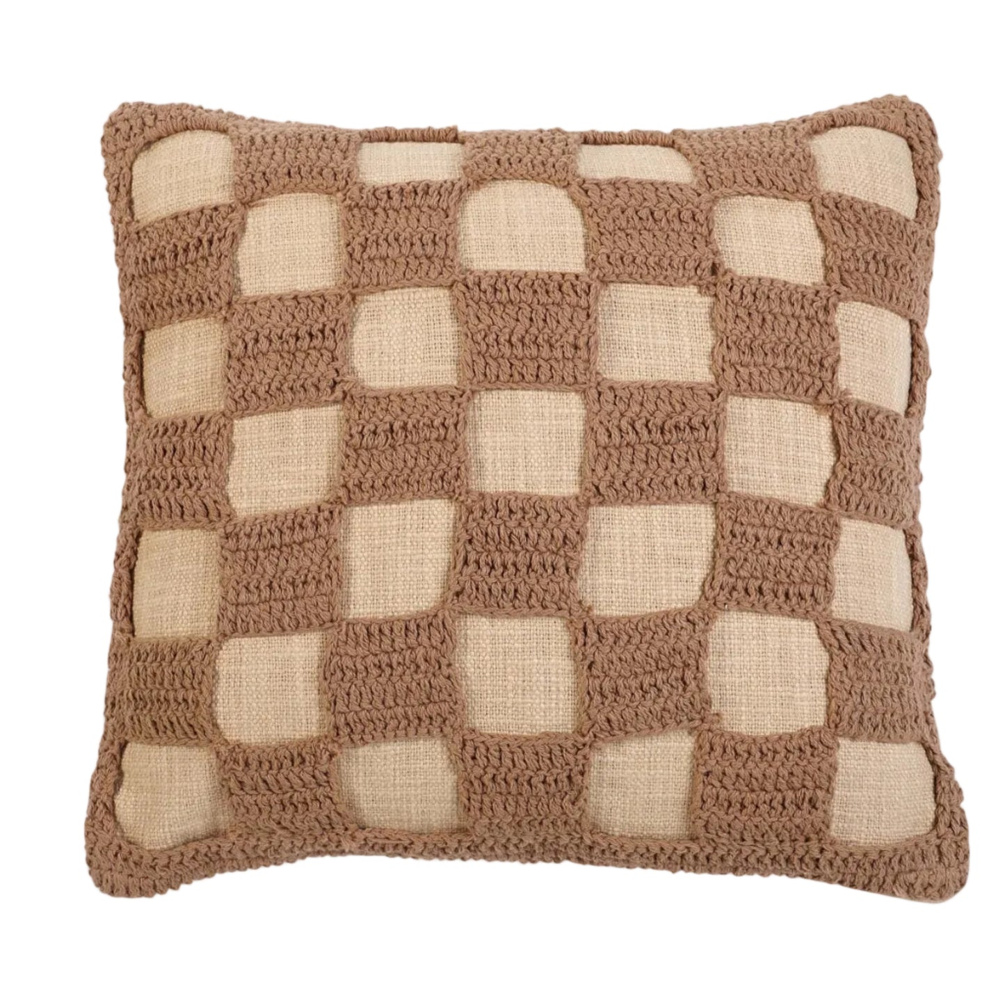 Checkered Crochet Beige Throw Pillow | Without Filler