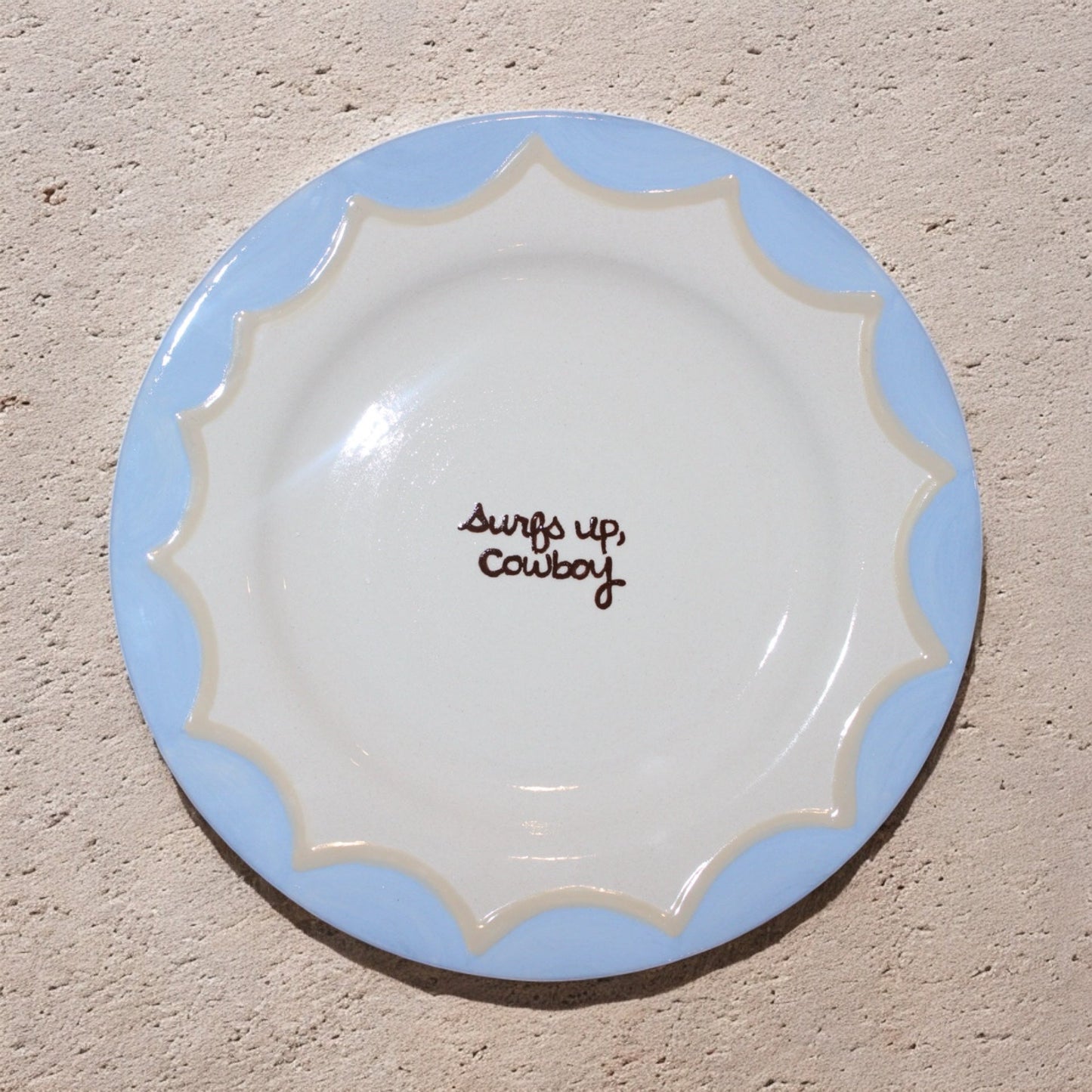“Surfs up, cowboy” Hand-Painted Plates/Collection of Two