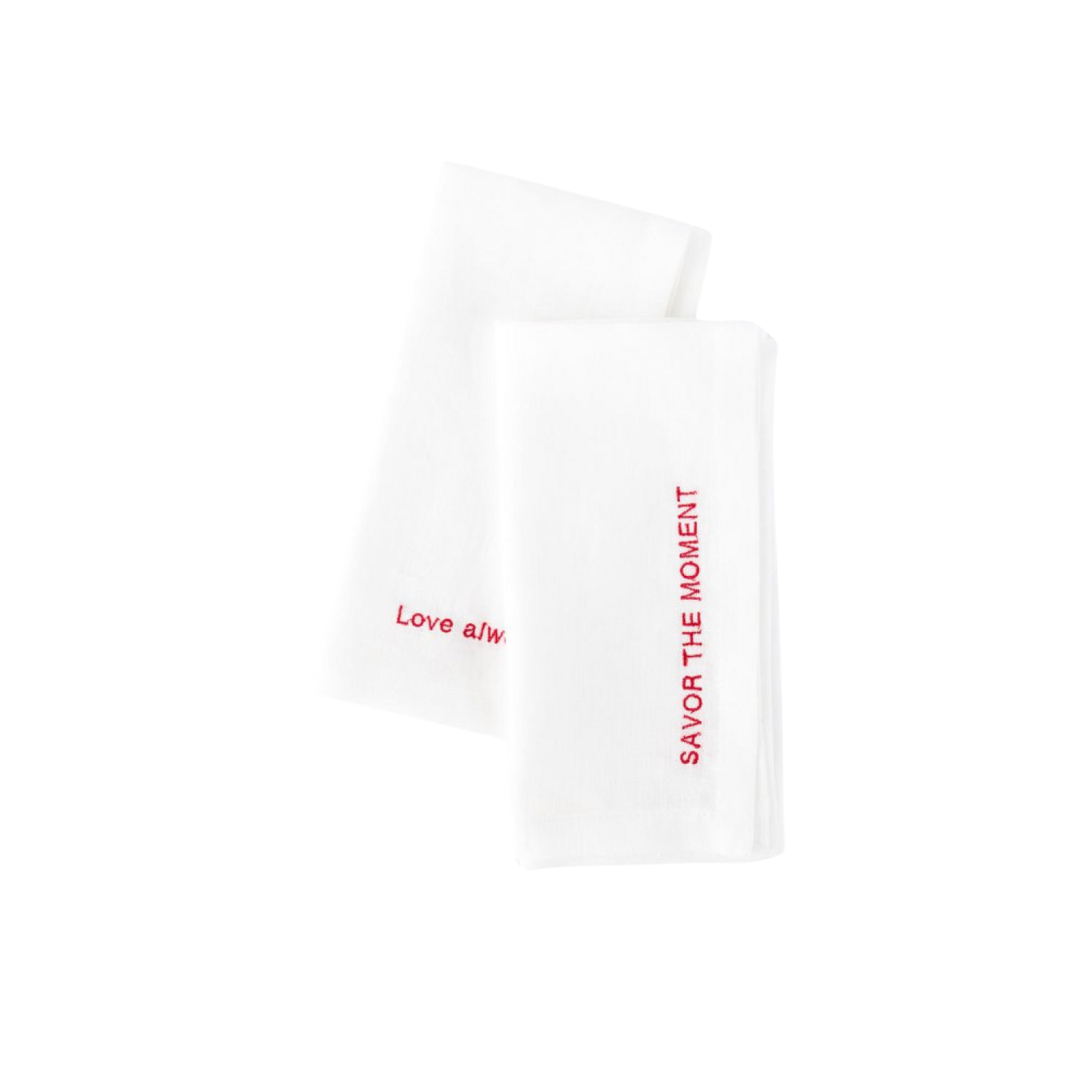 Embroidered Linen Napkins – “Savor the Moment” & “Love Always” Edition