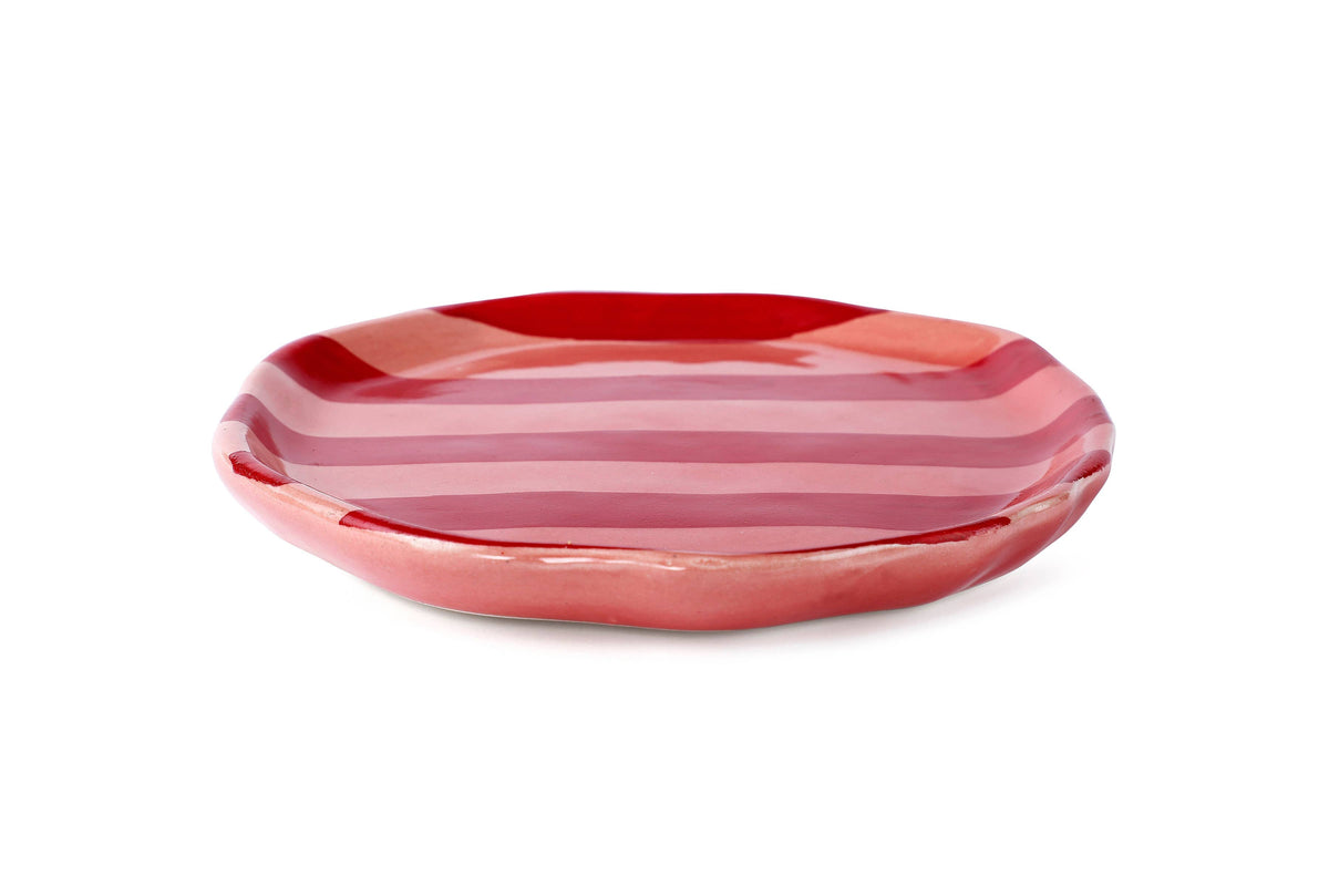 Pink & Red Stripe Plate | Hand-Painted Ceramic | 6.3 In | Set of 2
