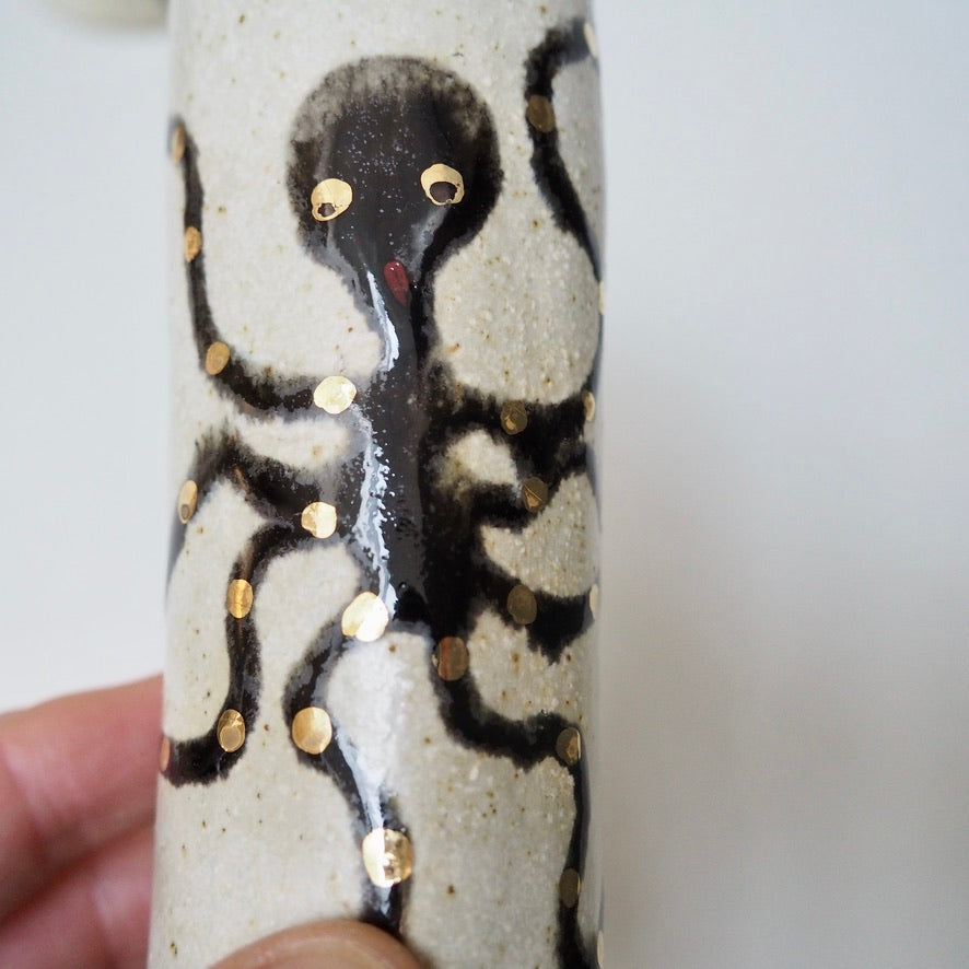 Handmade Pottery Octopus Cylinder Vases With Gold Lustre.