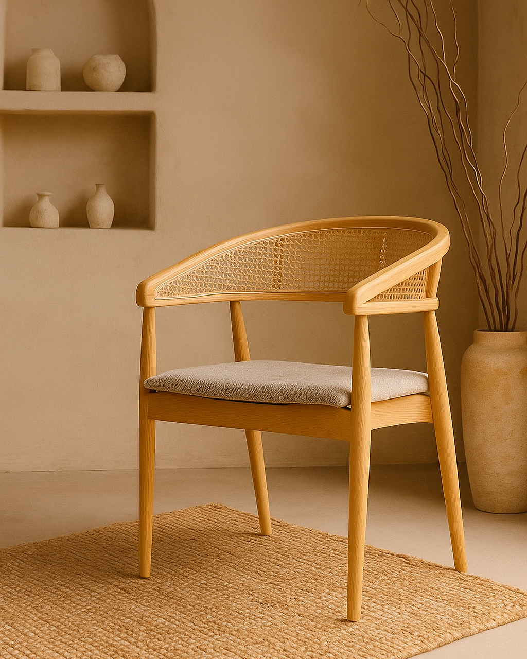 Lagoa Elmwood Chair with Rattan Back and Beige Upholstered Seat