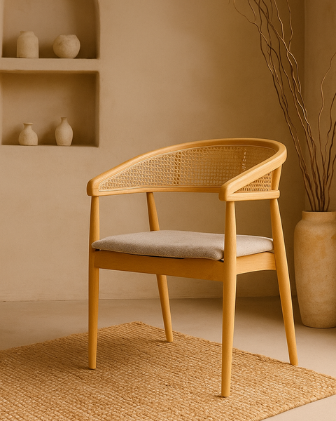 Lagoa Elmwood Chair with Rattan Back and Beige Upholstered Seat