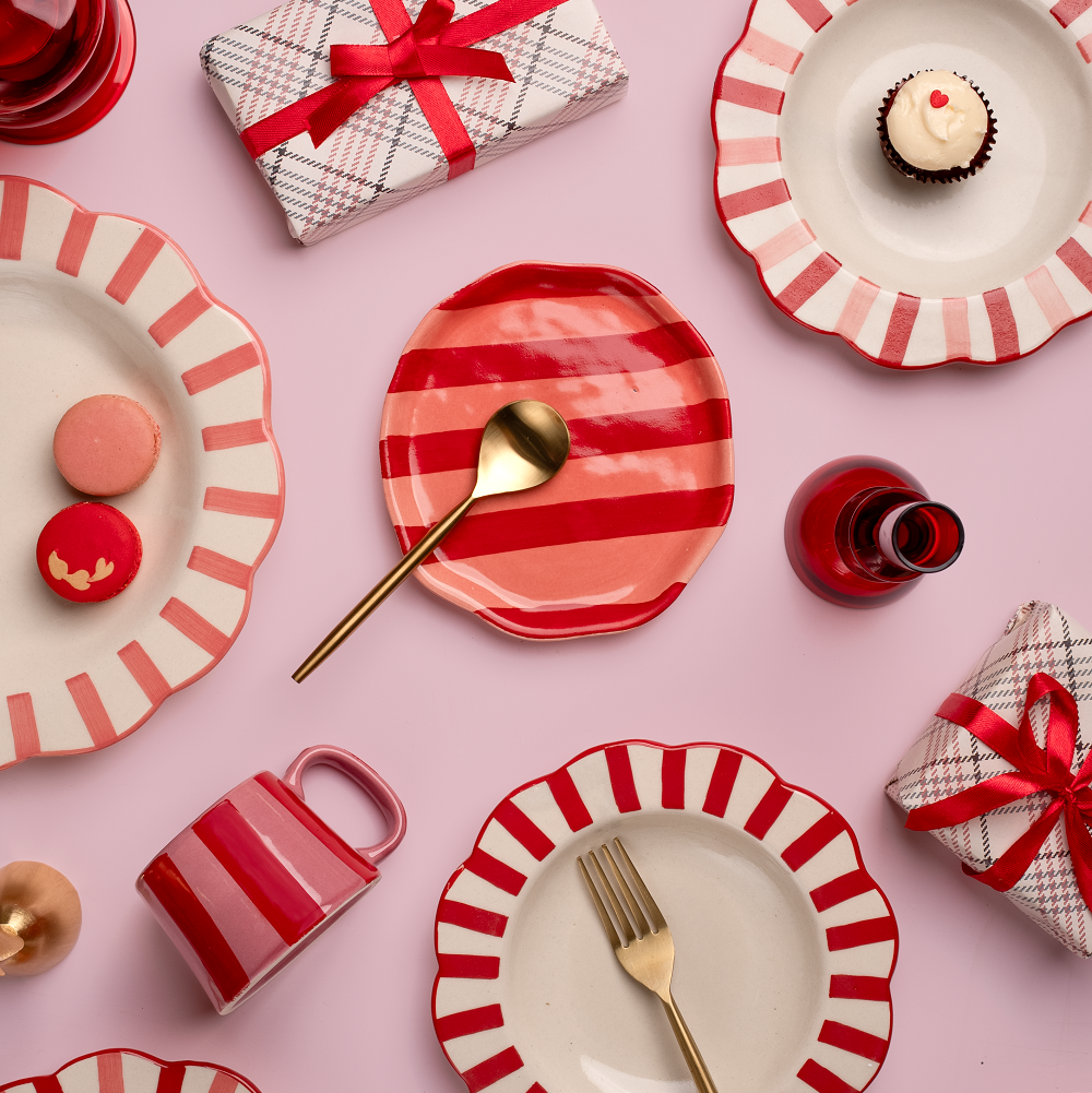Pink & Red Stripe Plate | Hand-Painted Ceramic | 6.3 In | Set of 2