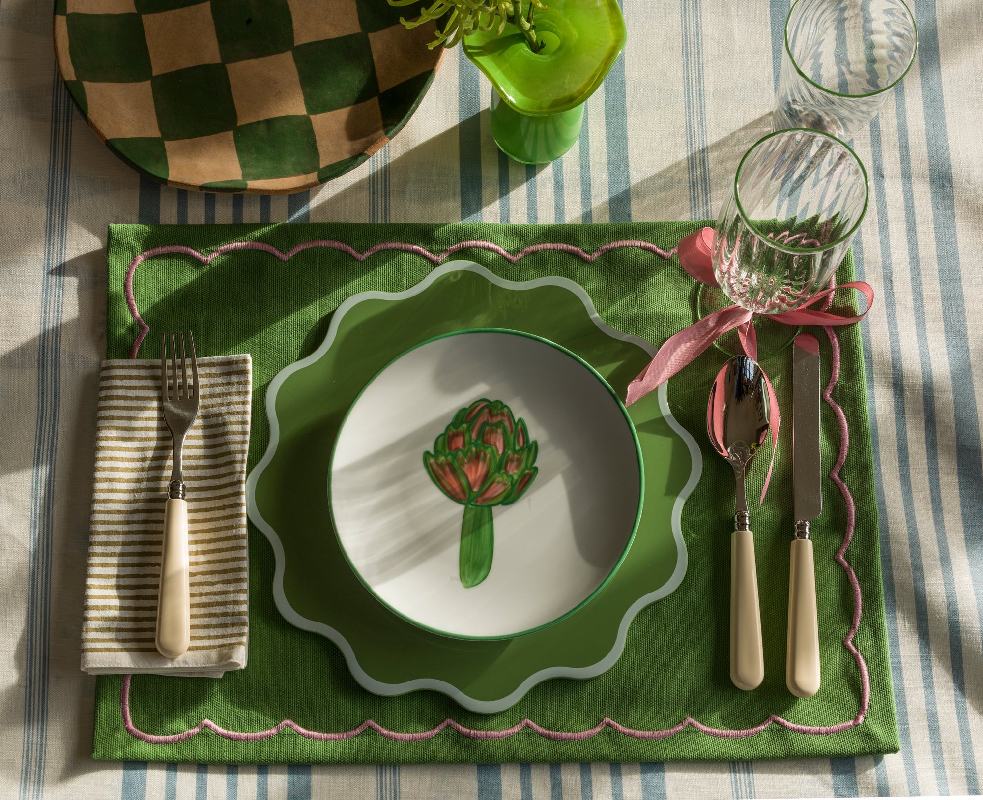 The Victoria Placemat in White and Green, Set of Two