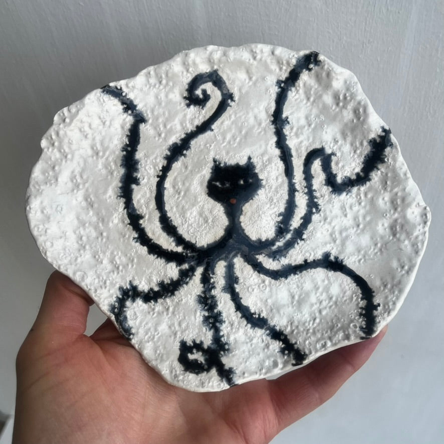 Handmade Octopus Illustrated Small Ceramic Plate with Gold Lustre