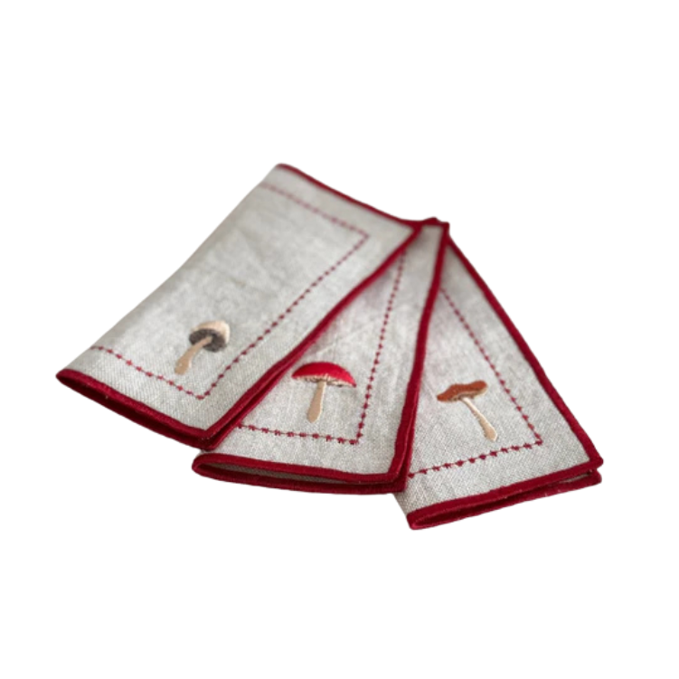 Linen Cocktail Napkins - Mushrooms