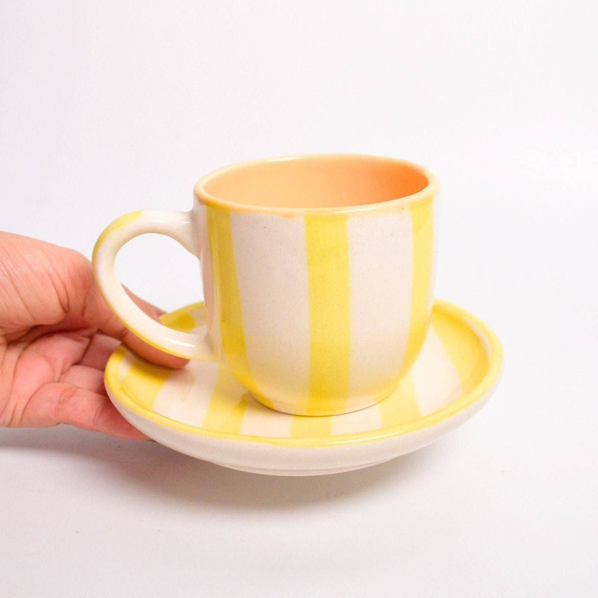 Yellow Stripe Ceramic Cup & Coaster Set | 3 Inch Cup & 4