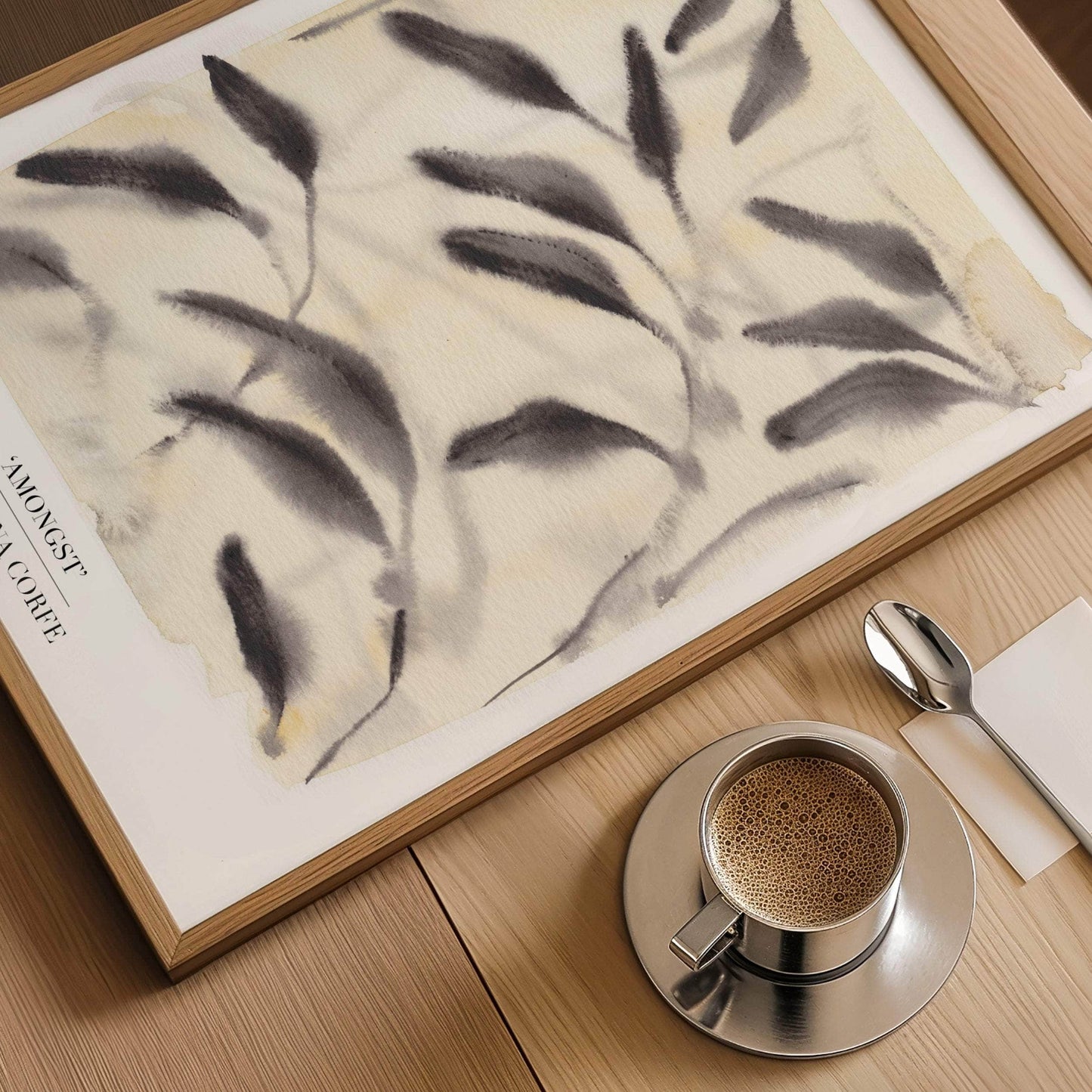 A3 - 'Amongst' Beige Yellow & Charcoal Grey Leaf Print