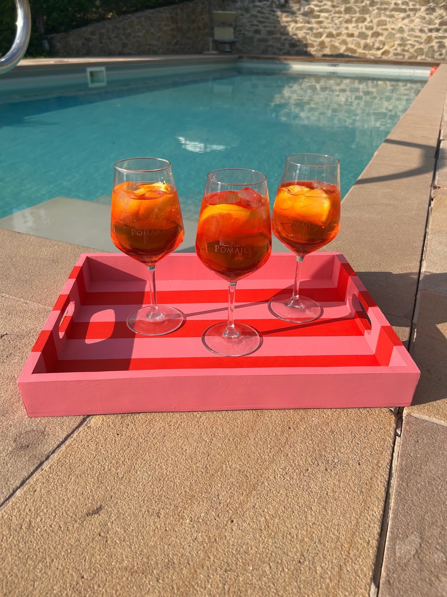 Vibrant Pink and Poppy Red Decorative Striped Tray with handles