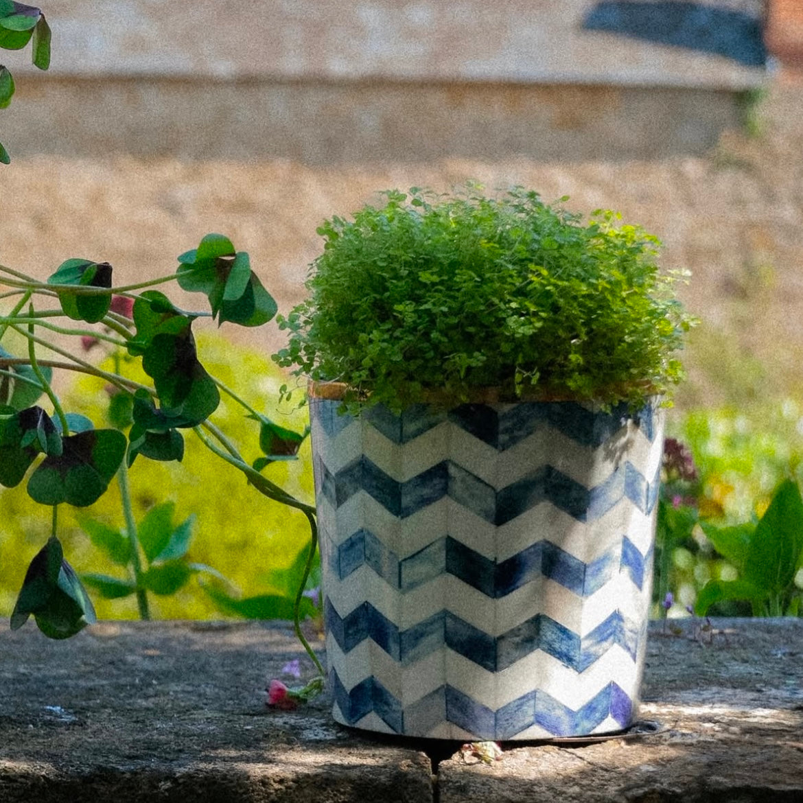 Round Inlay Planter | Medium | Blue | Chevron