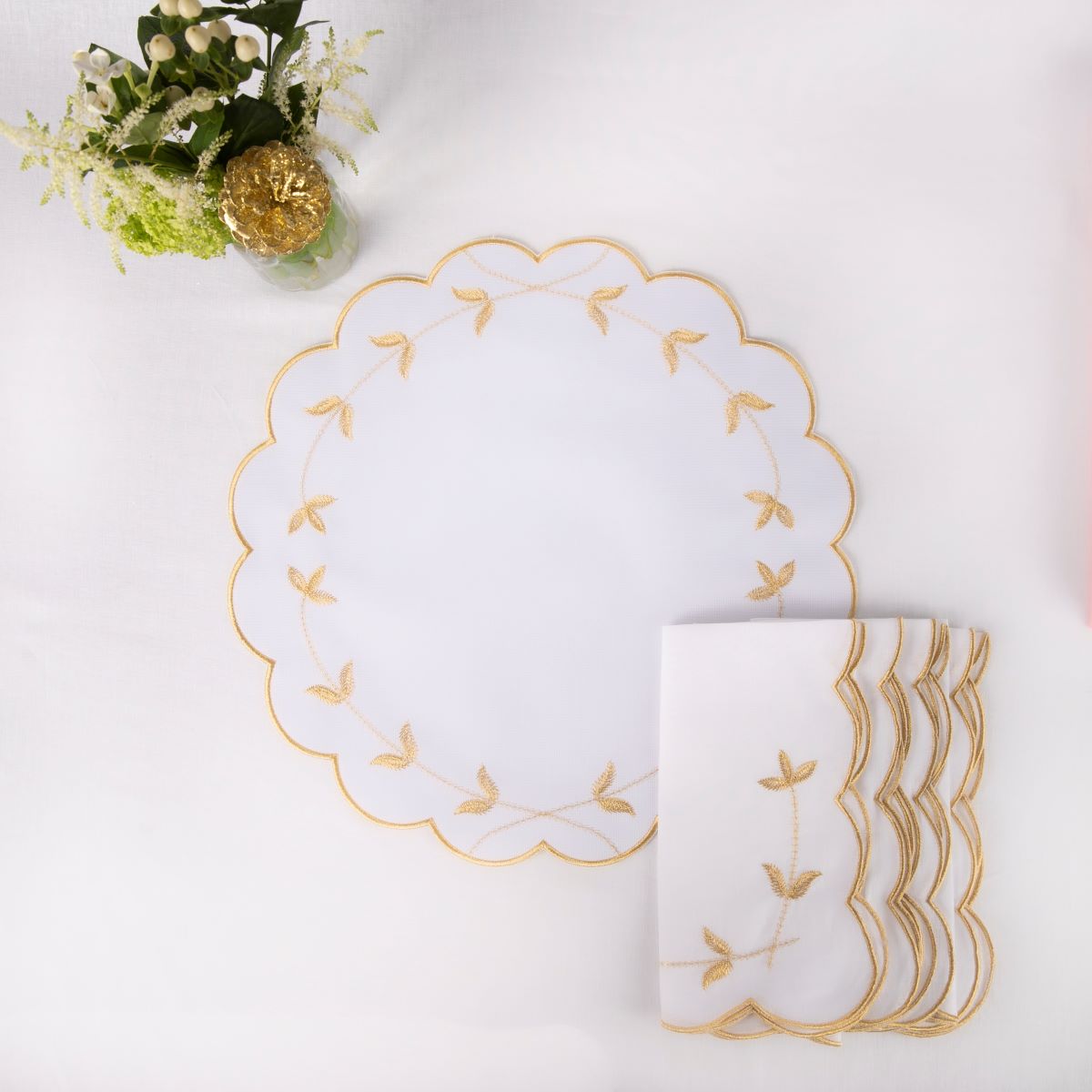 Scalloped Edge Gold Thread Napkins - Set of Four