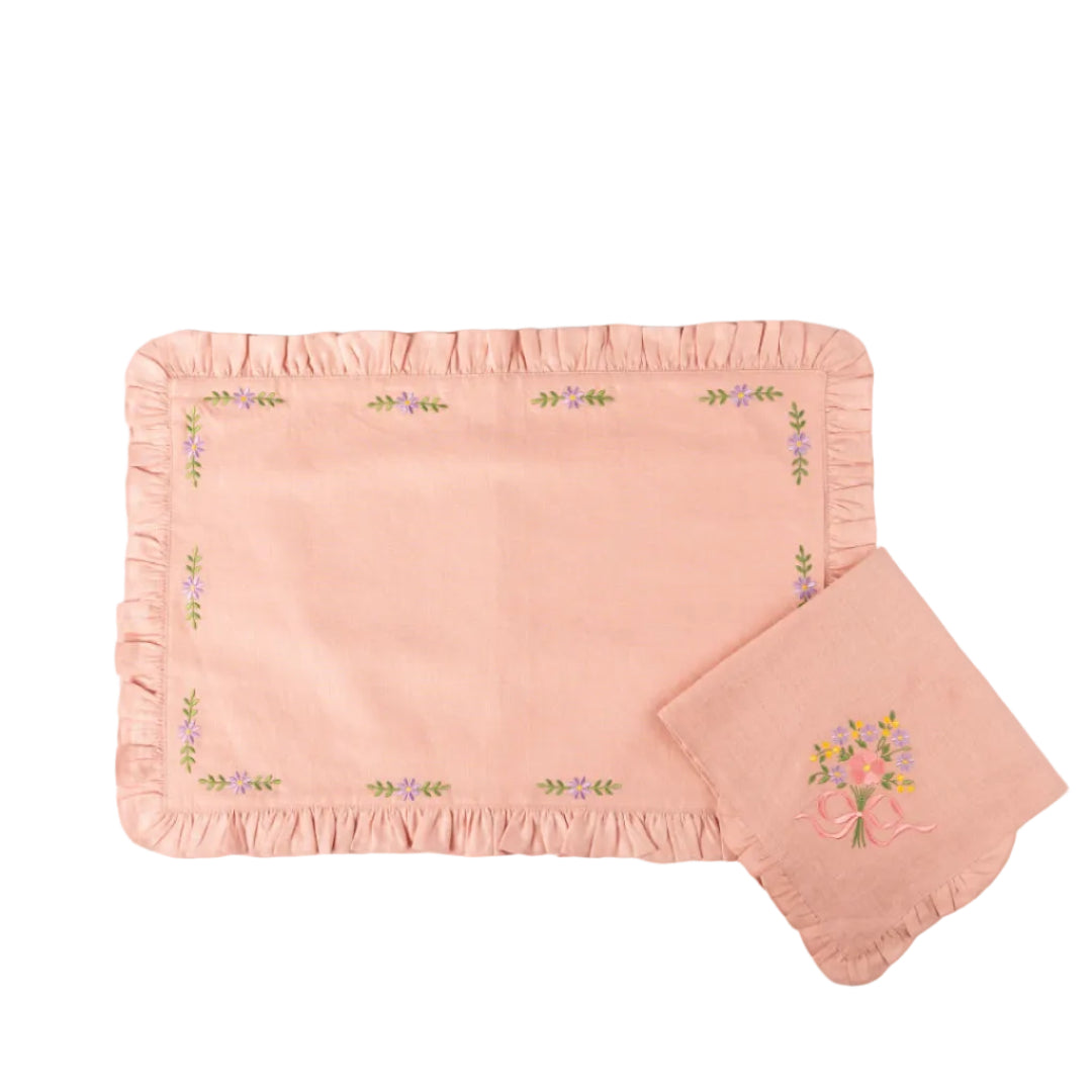 Hand Embroidered Floral Placemats - Set of Four