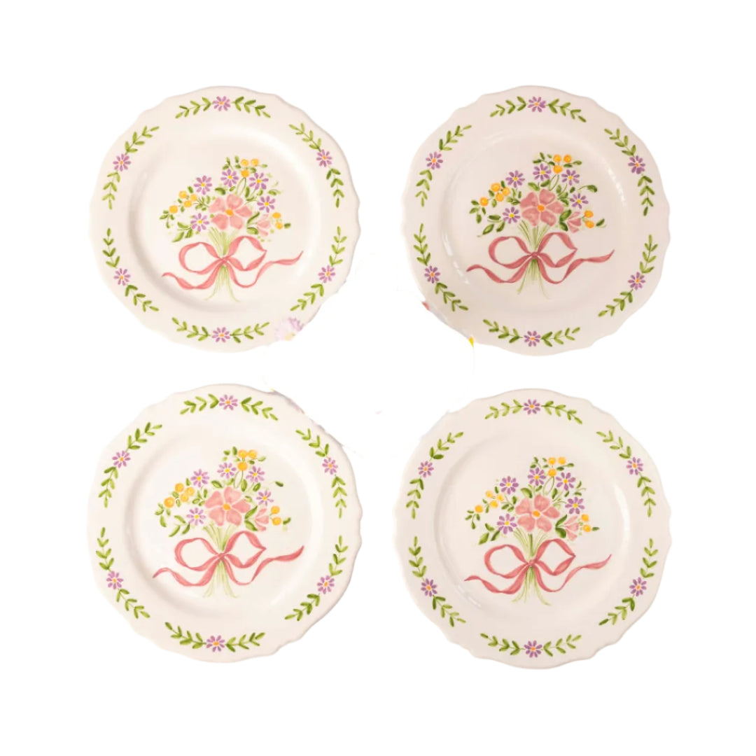 Hand-painted Scalloped Edger Floral Posy Dinner Plates - Set of Four