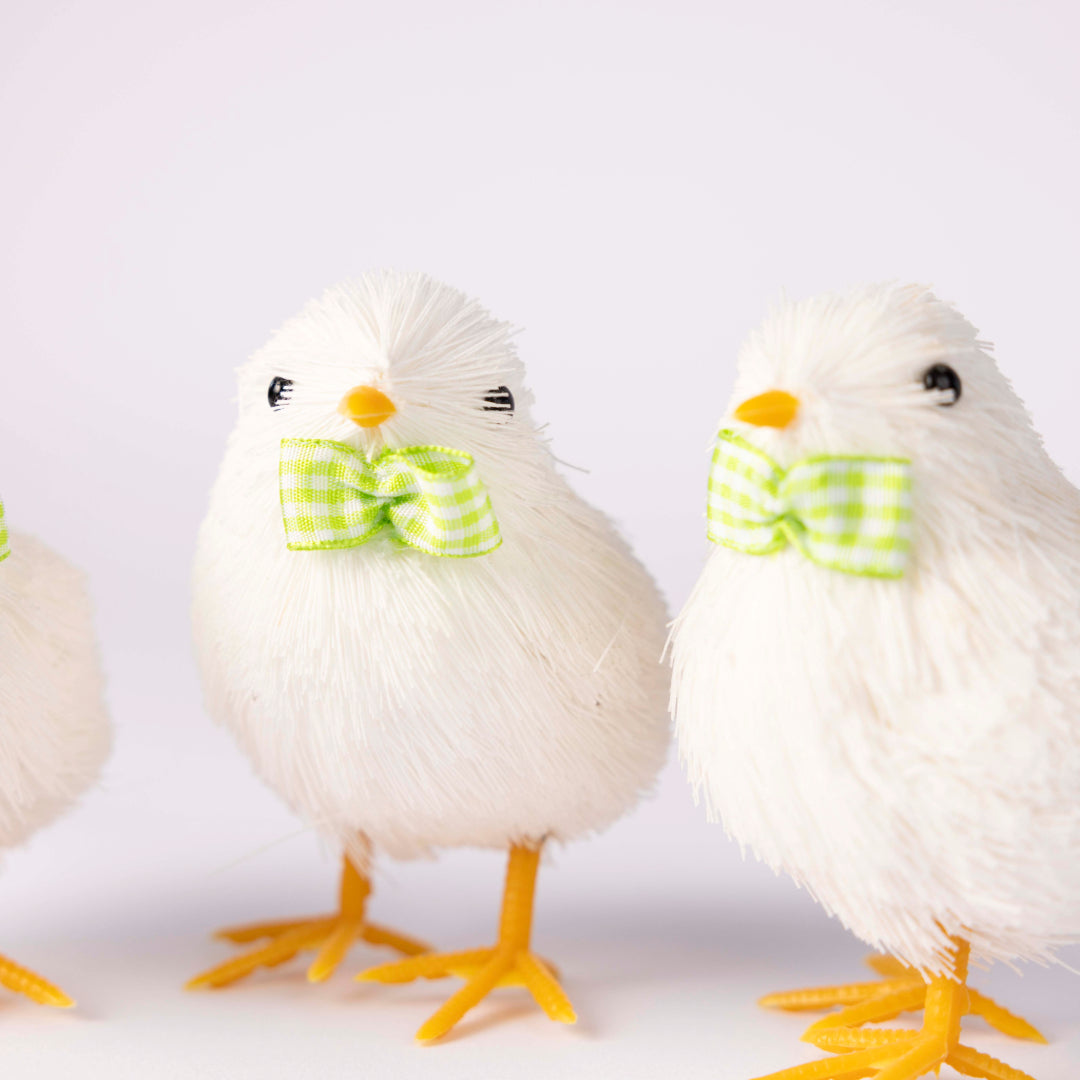 White Bristle Chicks with Green Bow - Set of Three