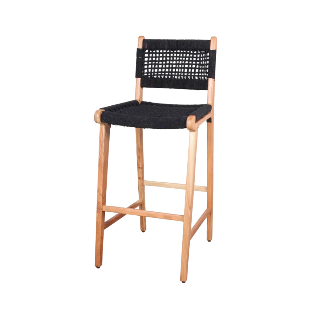 Rhodes Black Solid Tropical Wood Bar Stool with Woven Rope