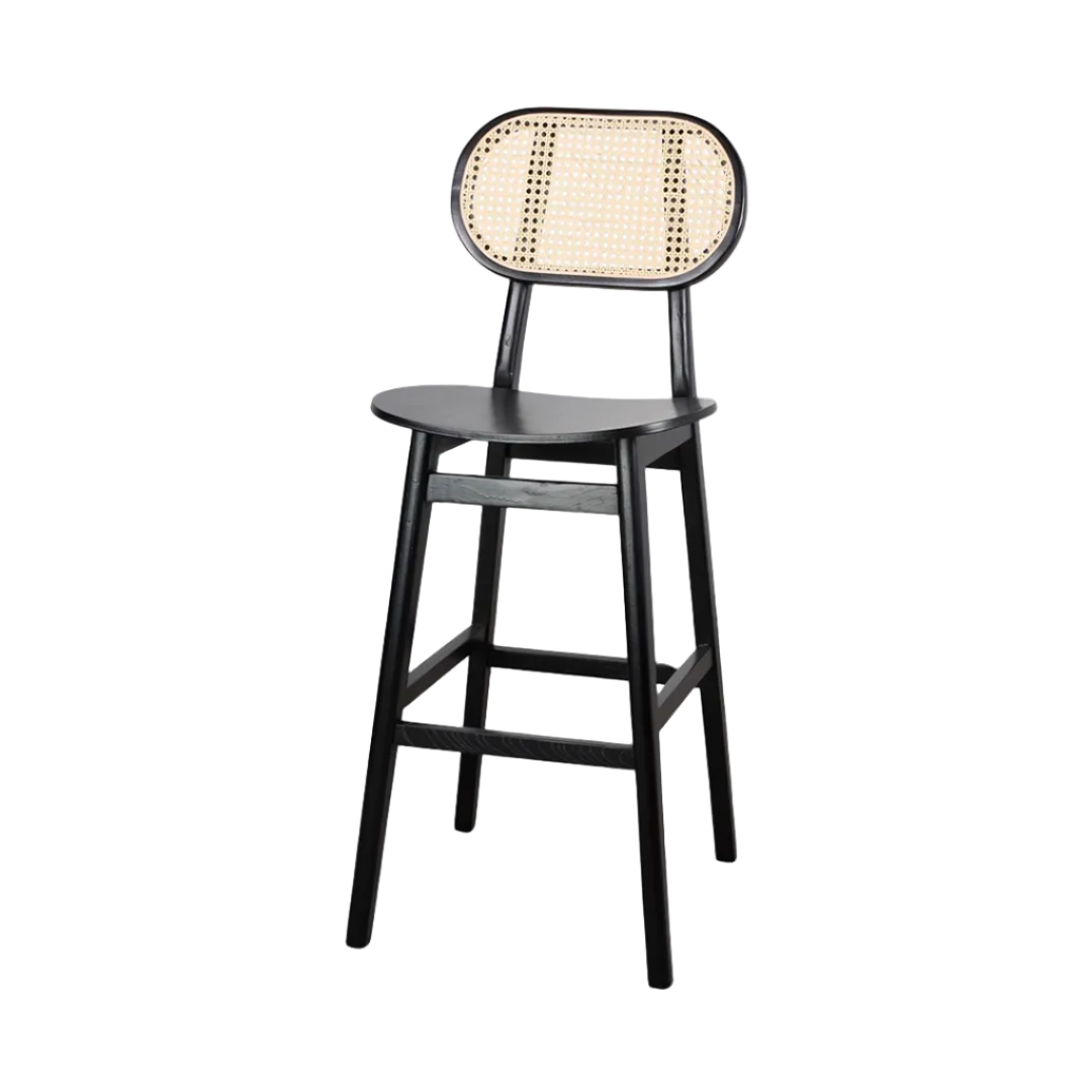 Brisbane Black Elmwood Bar Stool with Rattan Back