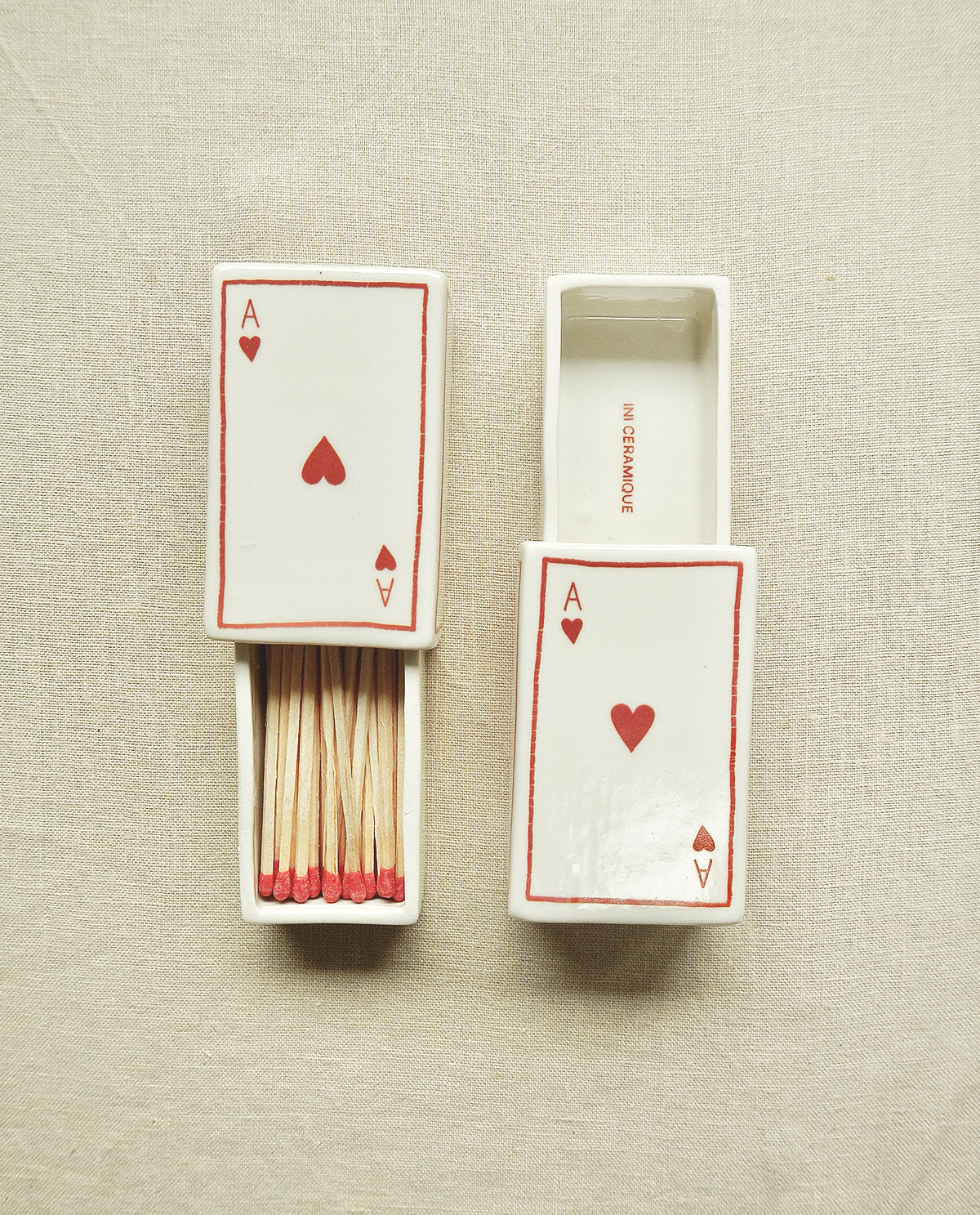 Ceramic matchbox with hand-drawn Ace of Hearts illustration