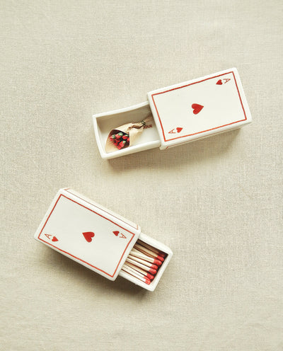 Ceramic matchbox with hand-drawn Ace of Hearts illustration