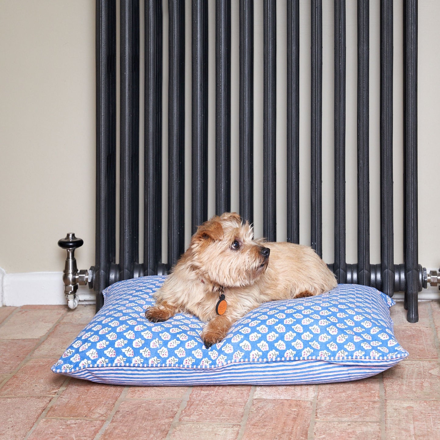 Blue block print floral canvas dog bed