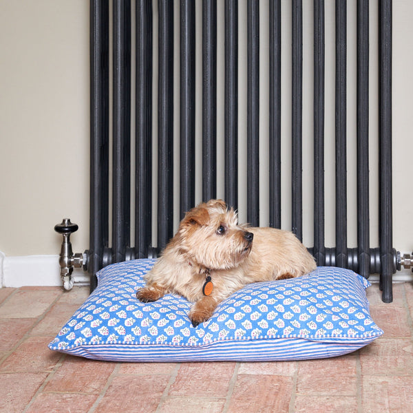 Blue block print floral canvas dog bed
