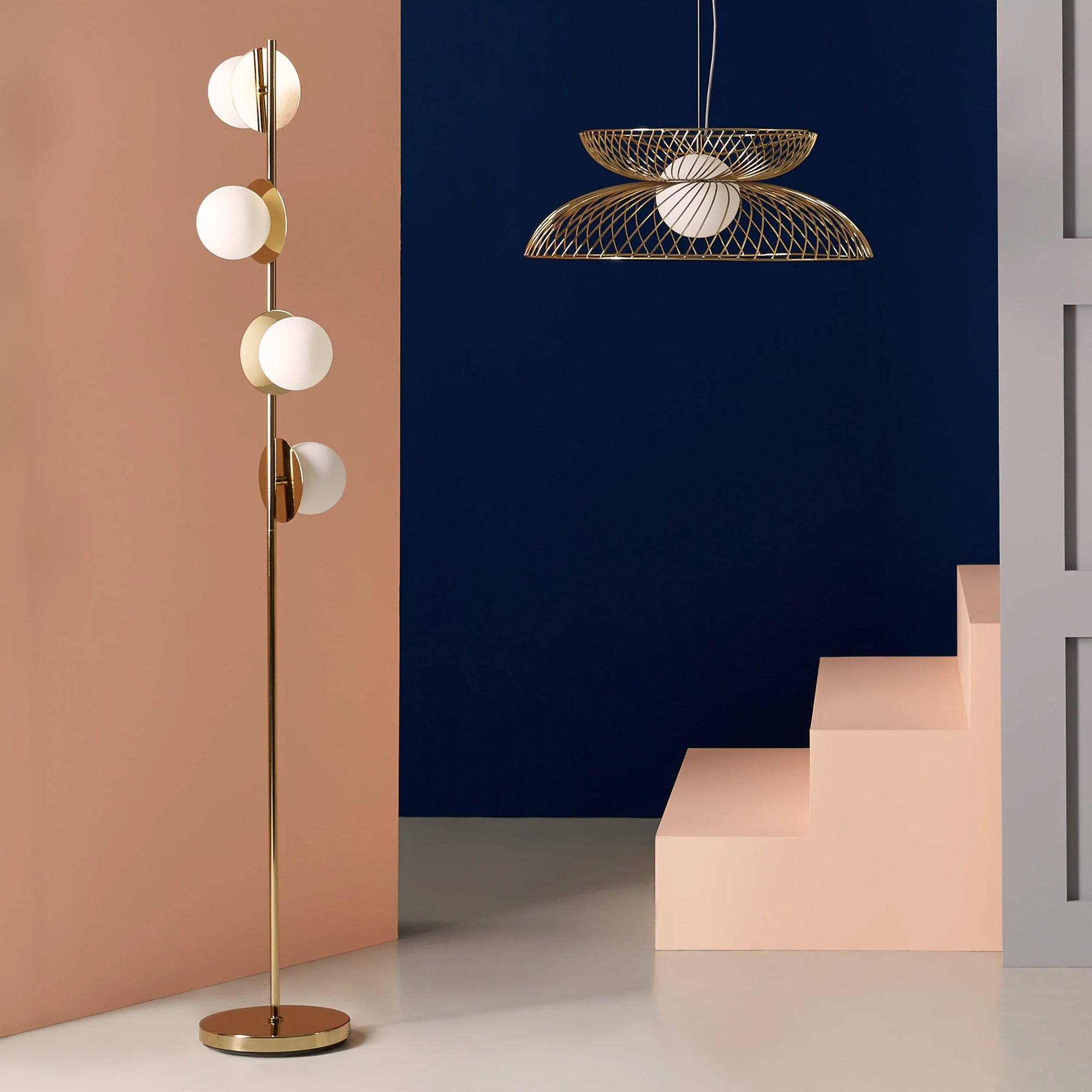 Brass opal disk floor lamp