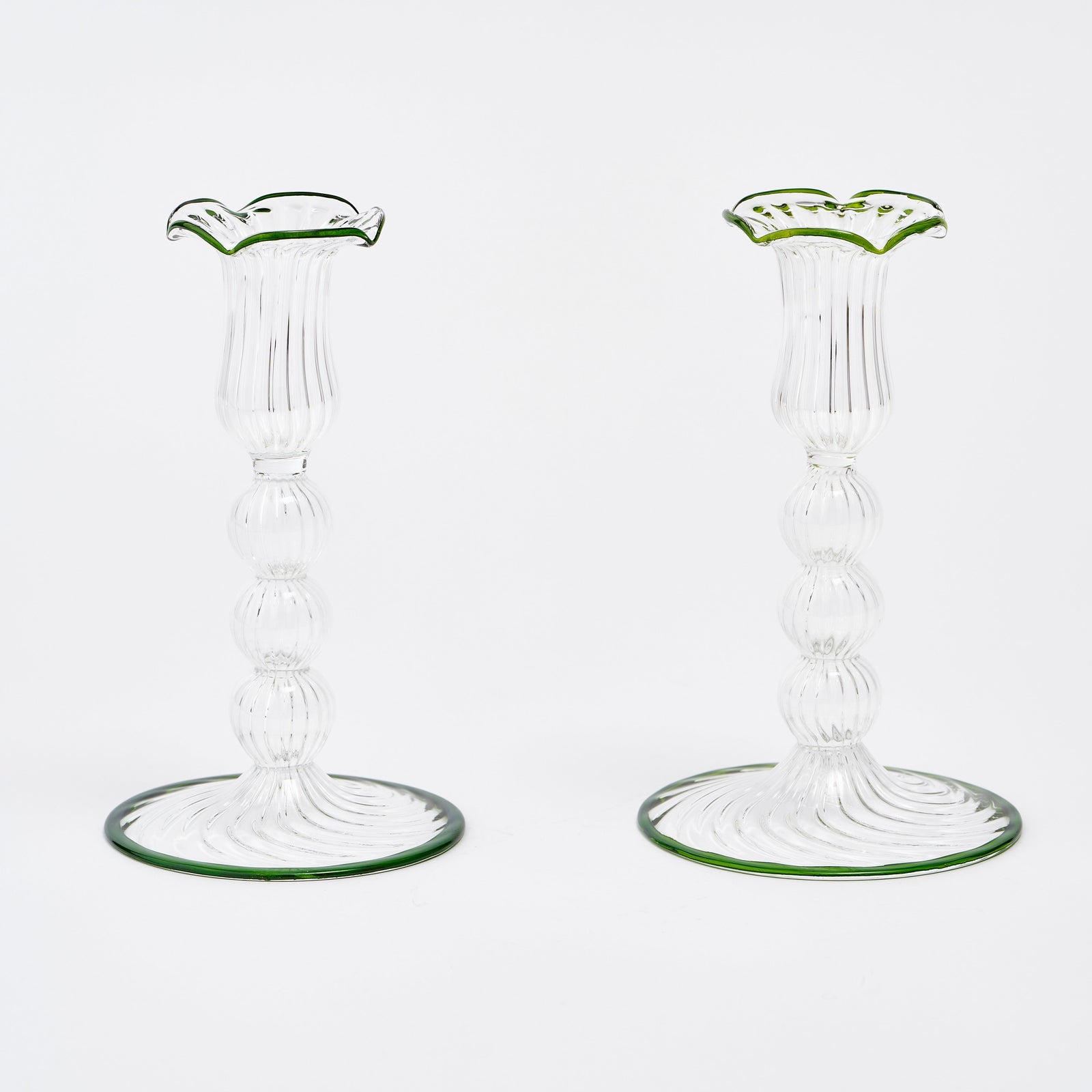 Green Rimmed Glass Pompom Candlestick (set of 2)