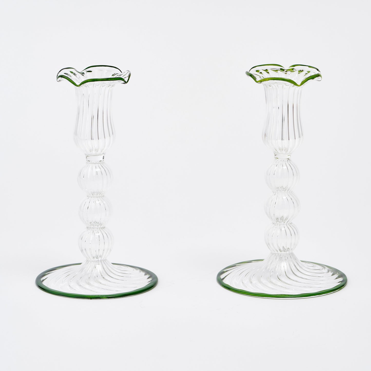 Green Rimmed Glass Pompom Candlestick (set of 2)