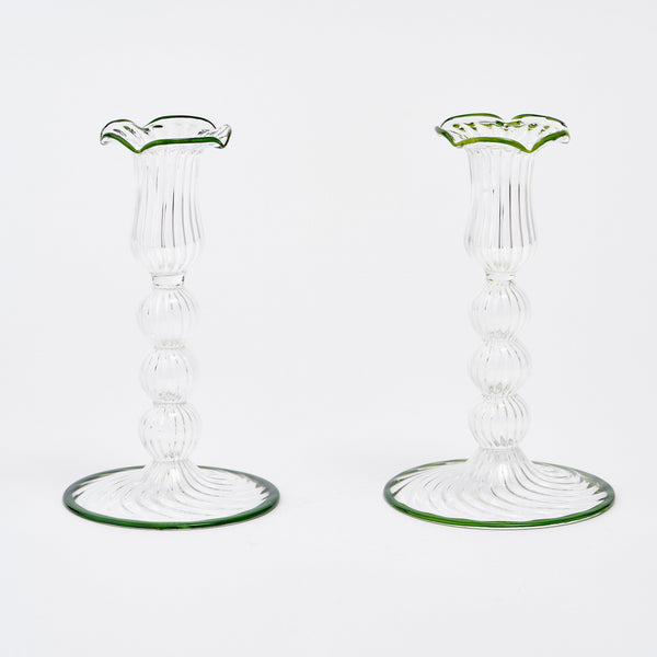 Green Rimmed Glass Pompom Candlestick (set of 2)