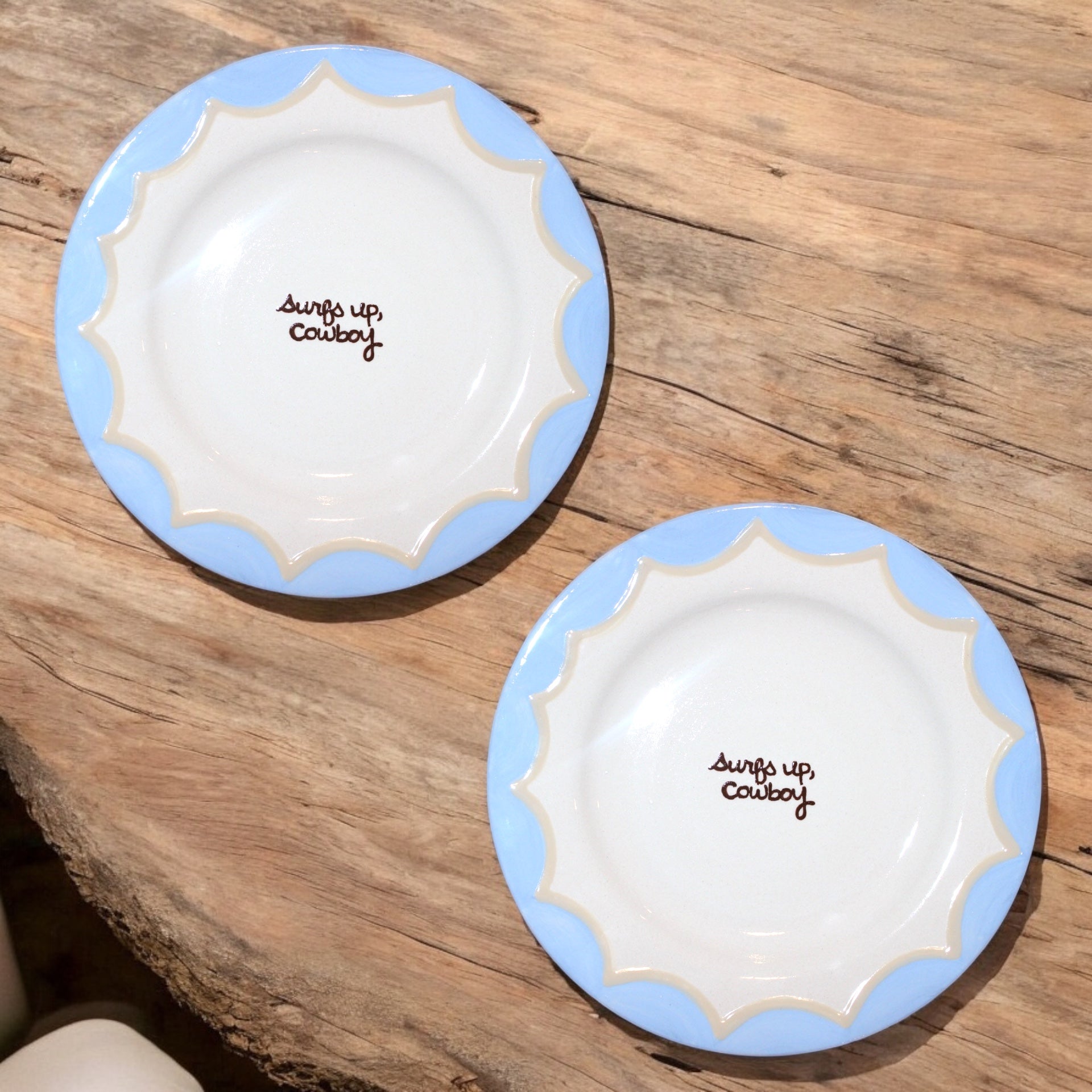 “Surfs up, cowboy” Hand-Painted Plates/Collection of Two