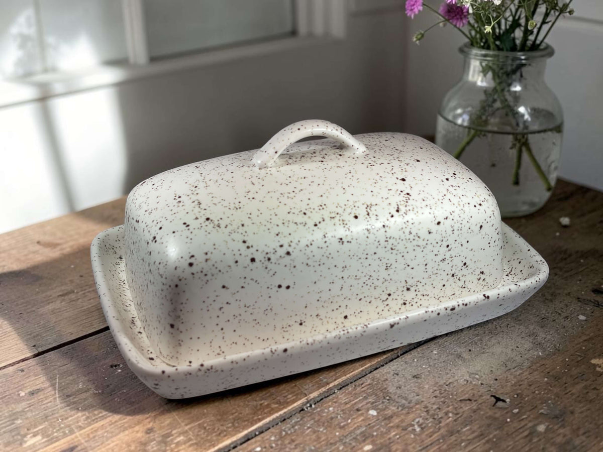 stoneware speckled white butter dish