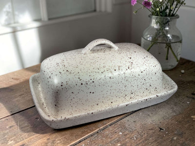 stoneware speckled white butter dish