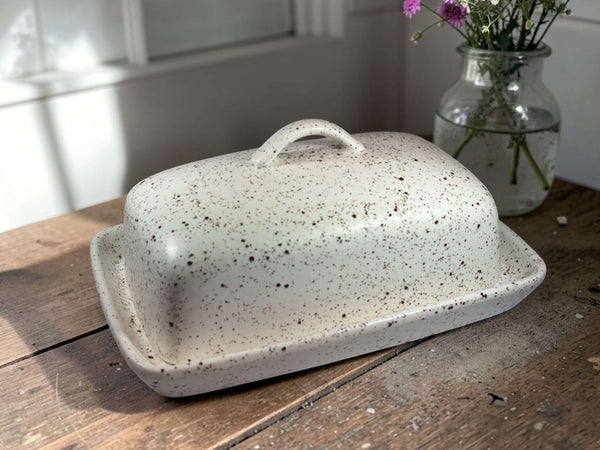 stoneware speckled white butter dish