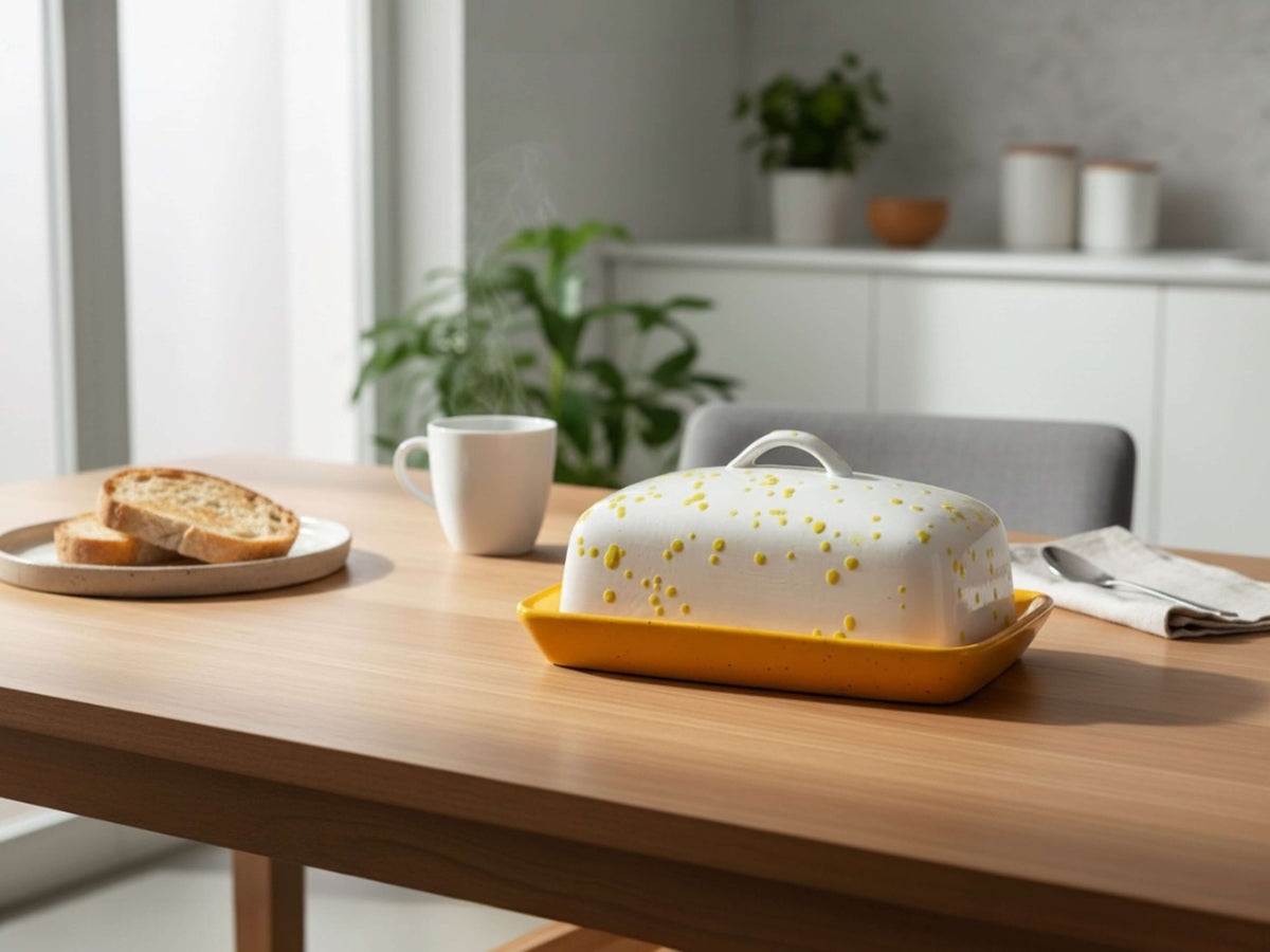 Butter Dish with White Lid Yellow Spots