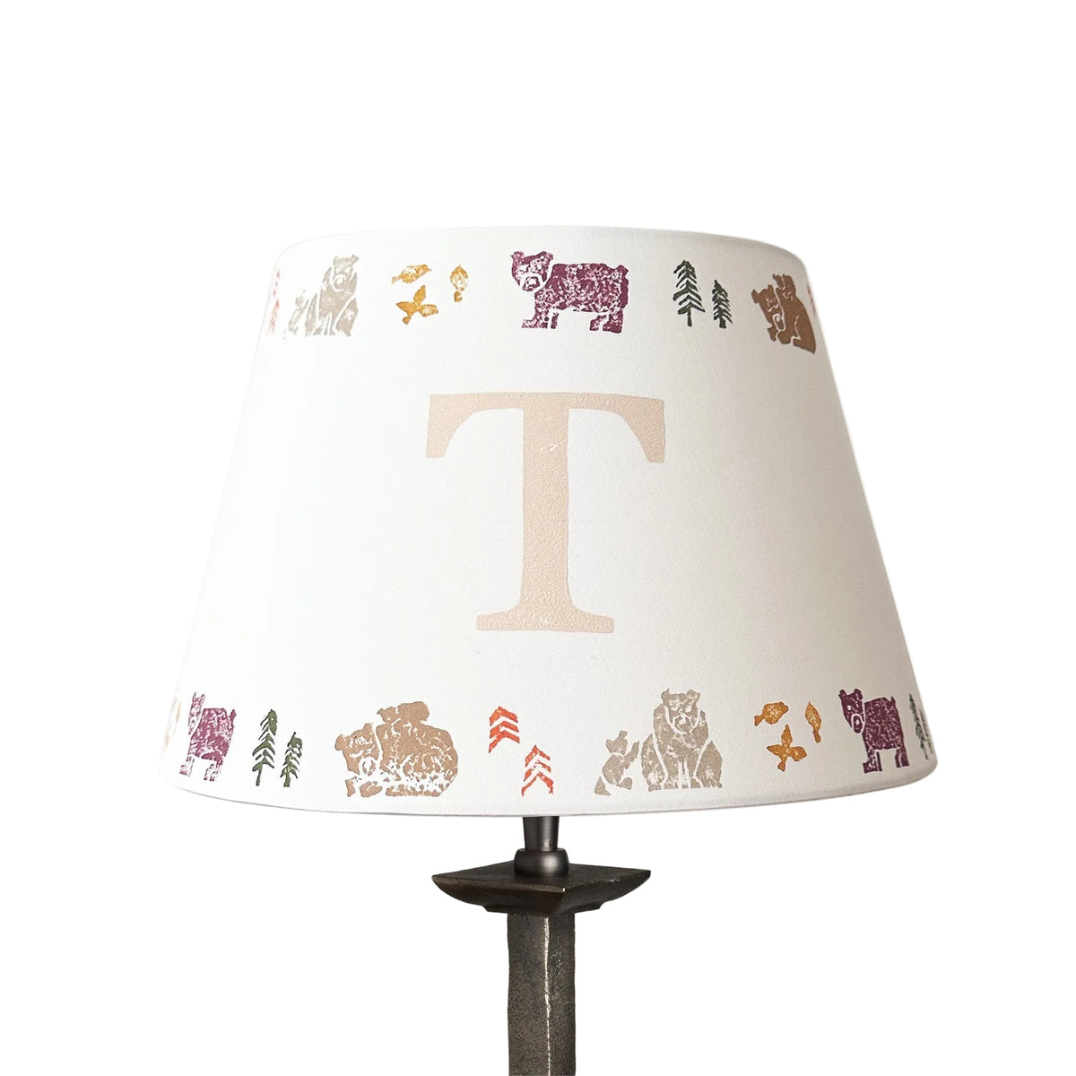 Studio Zef personalised bear lampshade with colourful animal print and large initial 'T'. An empire lampshade designed for kids lighting and thoughtful new parent gifts.