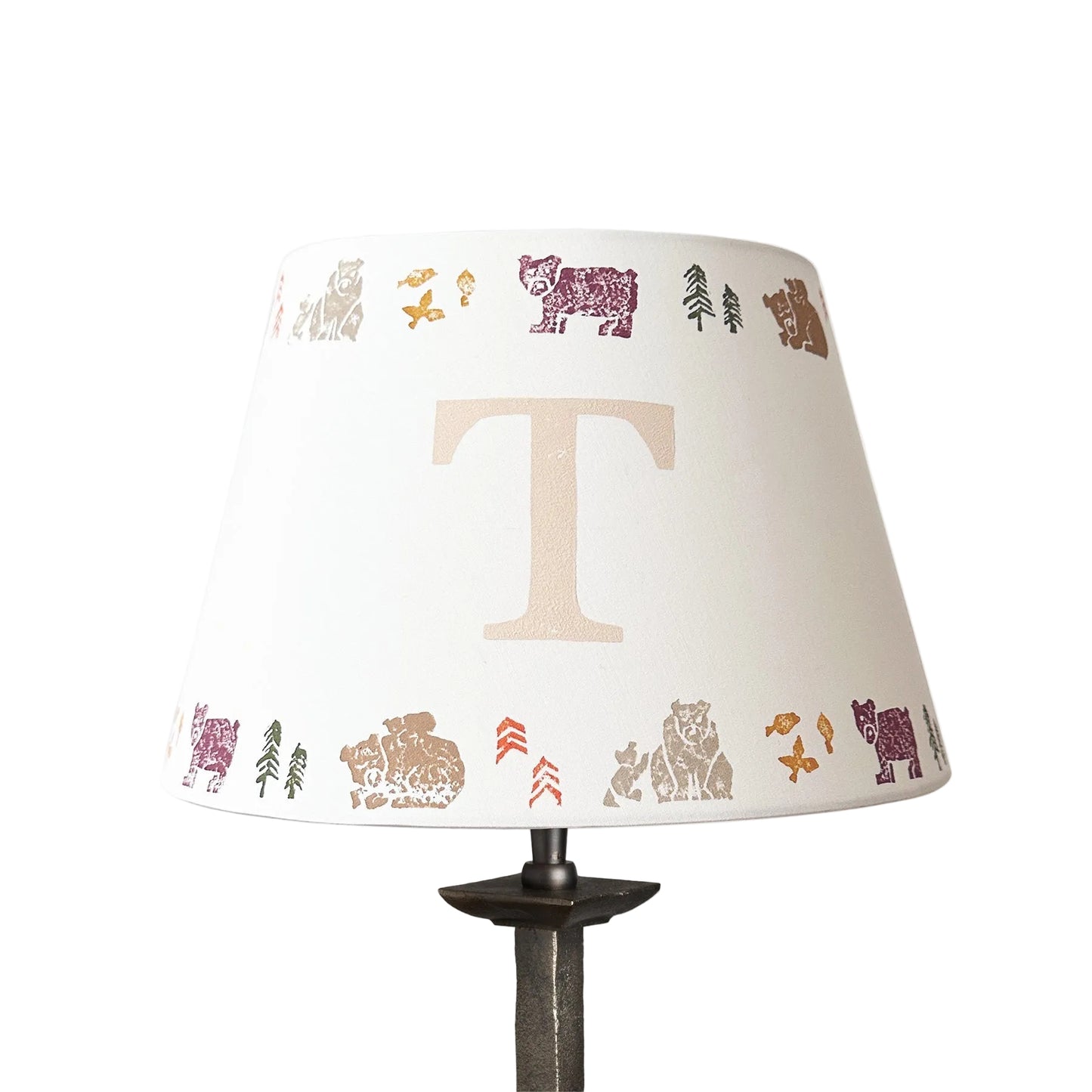 Studio Zef personalised bear lampshade with colourful animal print and large initial 'T'. An empire lampshade designed for kids lighting and thoughtful new parent gifts.