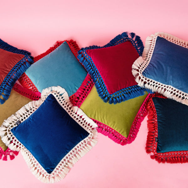 Pistachio & Olive Oriental Velvet Cushion with Fuschia Fringe