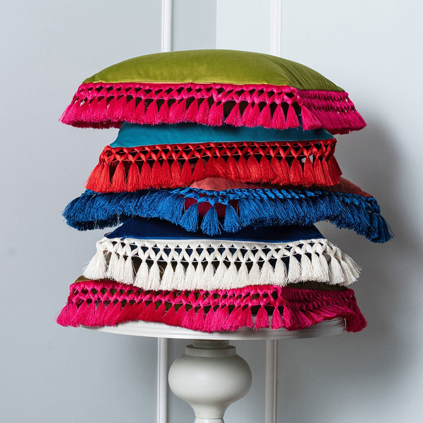 Pistachio & Olive Oriental Velvet Cushion with Fuschia Fringe