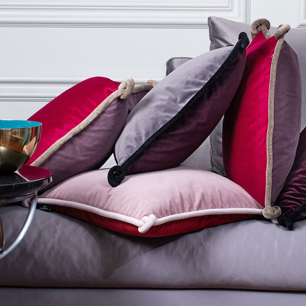 Plum & Grey Double-sided Velvet Cushion with Black Knotted Piping