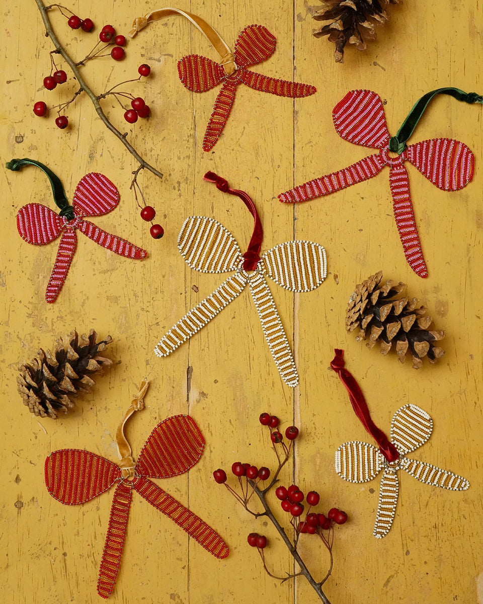 KESI: Hand-beaded Red and Gold Bow Tree Decoration
