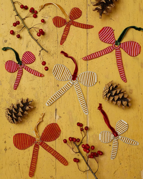 KESI: Hand-beaded Red and Gold Bow Tree Decoration