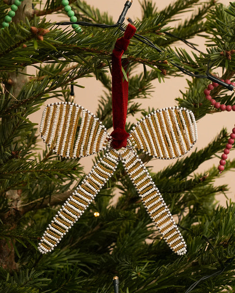 HIJI: Hand-beaded White and Gold Bow Tree Decoration