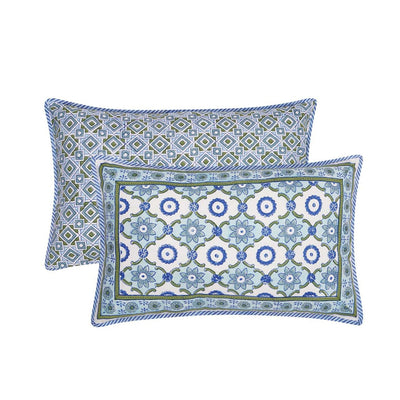 Block printed floral geometric Bela Cushion Cover in blues and greens