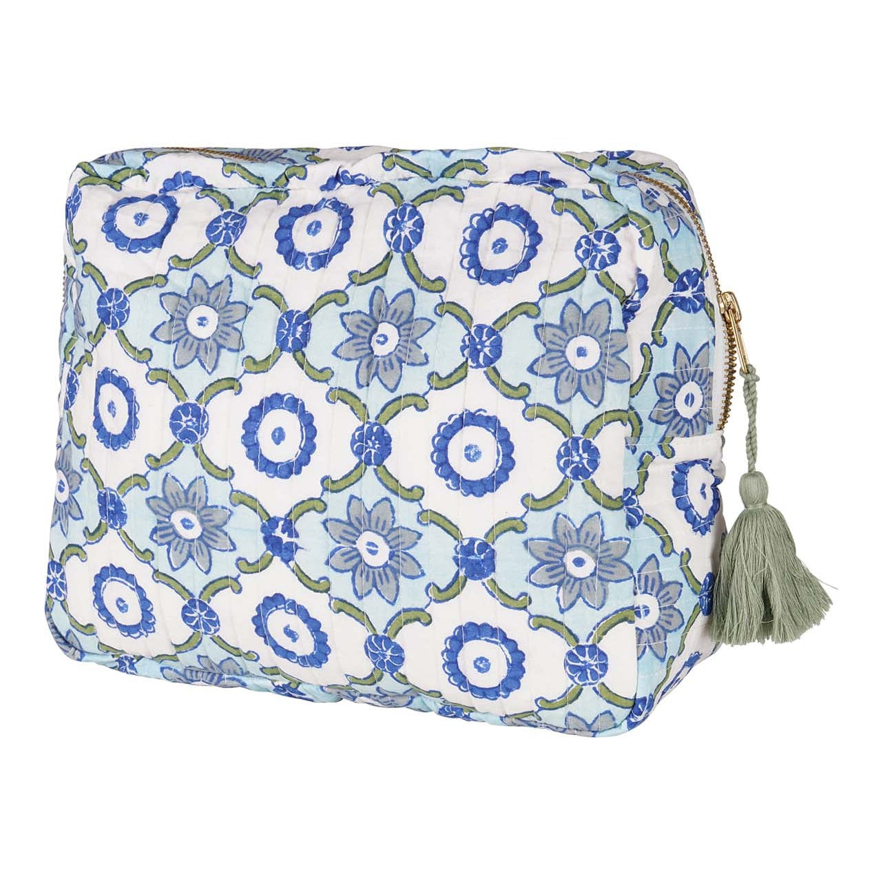 A hand block-printed cotton vanity pouch with floral patterns in blue and green hues, featuring a zipper closure with a tassel detail.