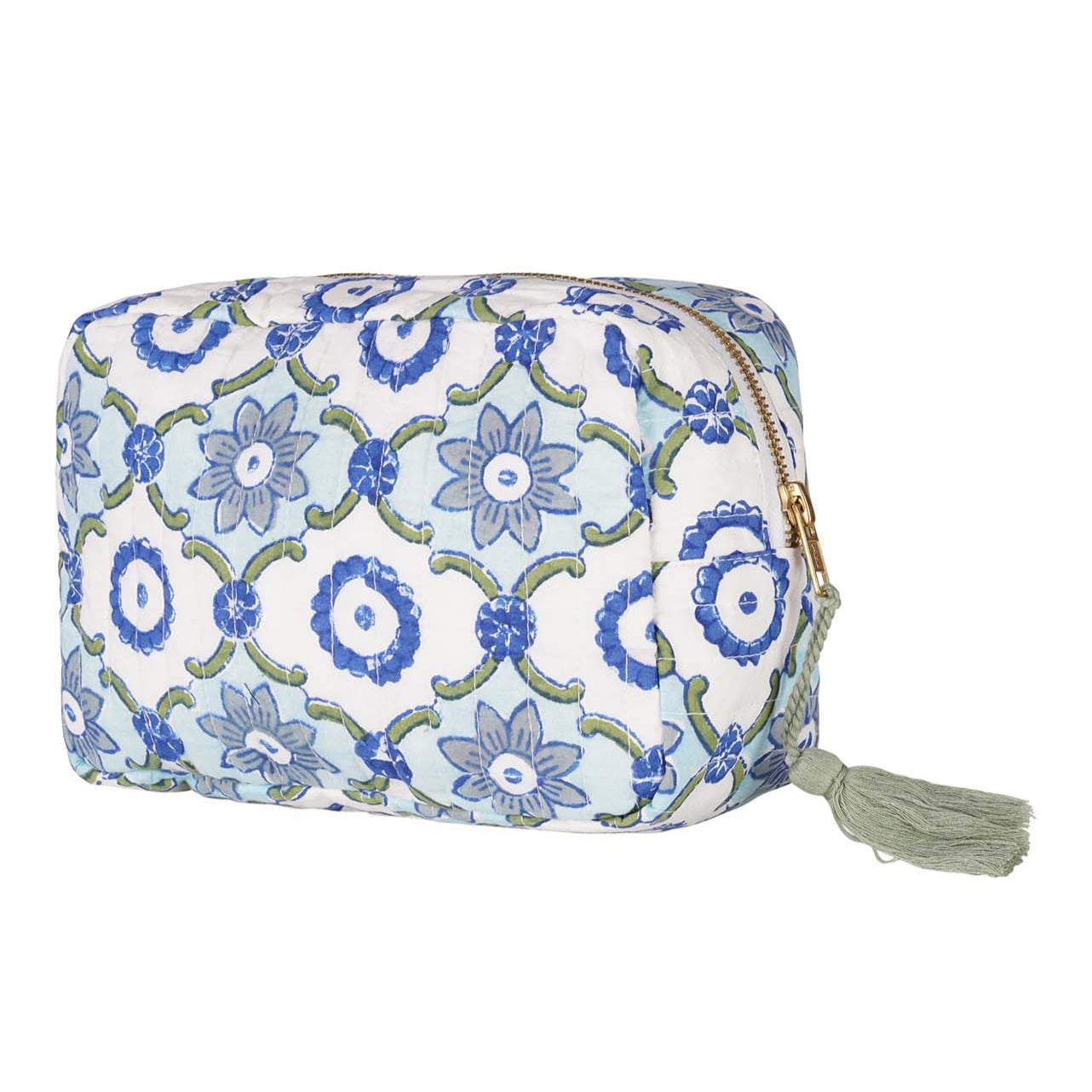 A hand block-printed cotton vanity pouch with floral patterns in blue and green hues, featuring a zipper closure with a tassel detail.