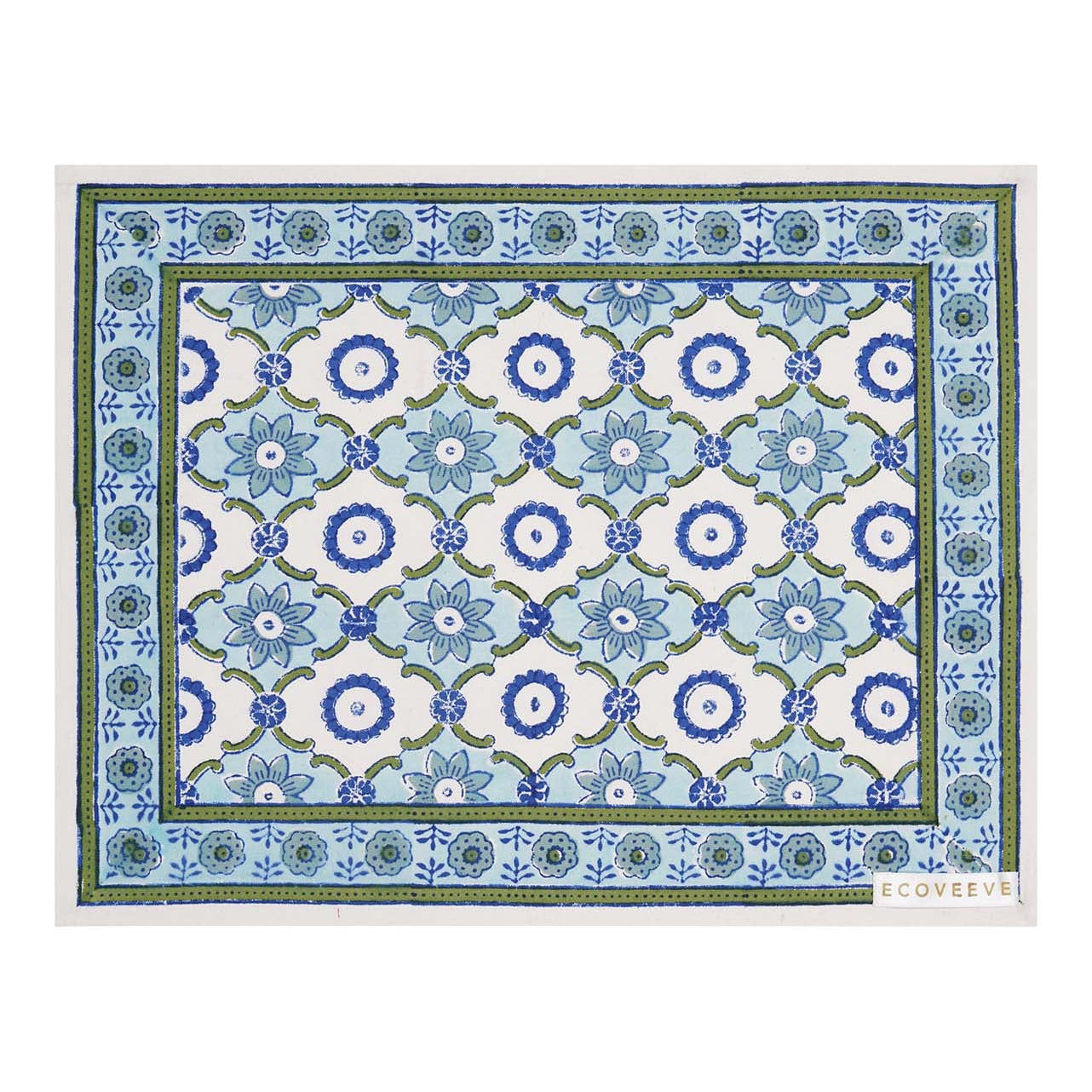 A rectangular cotton table mat with a hand-block printed geometric pattern in blue and green hues.