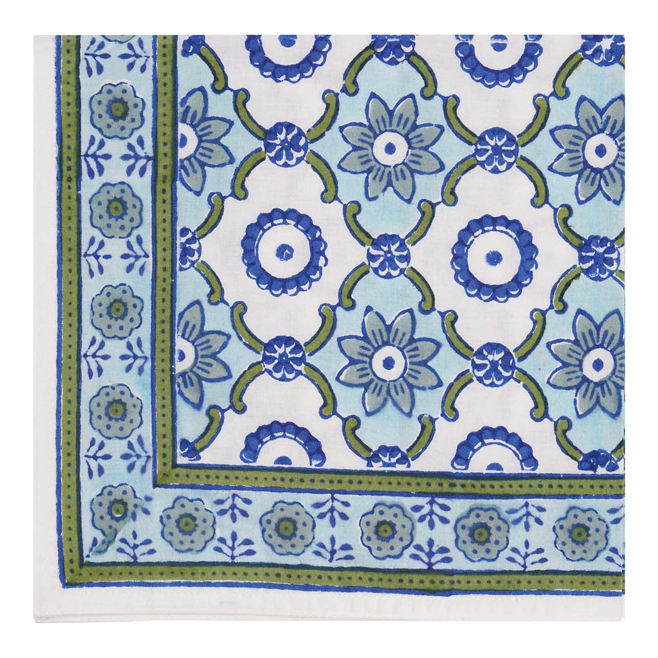 Block printed geometric floral Bela Table Napkin in blues and greens
