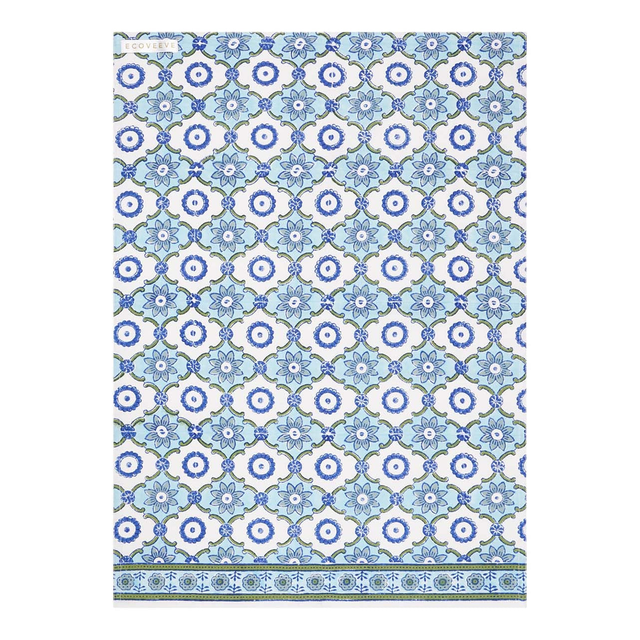 A folded handcrafted cotton tea towel with a geometric pattern in blue and white.