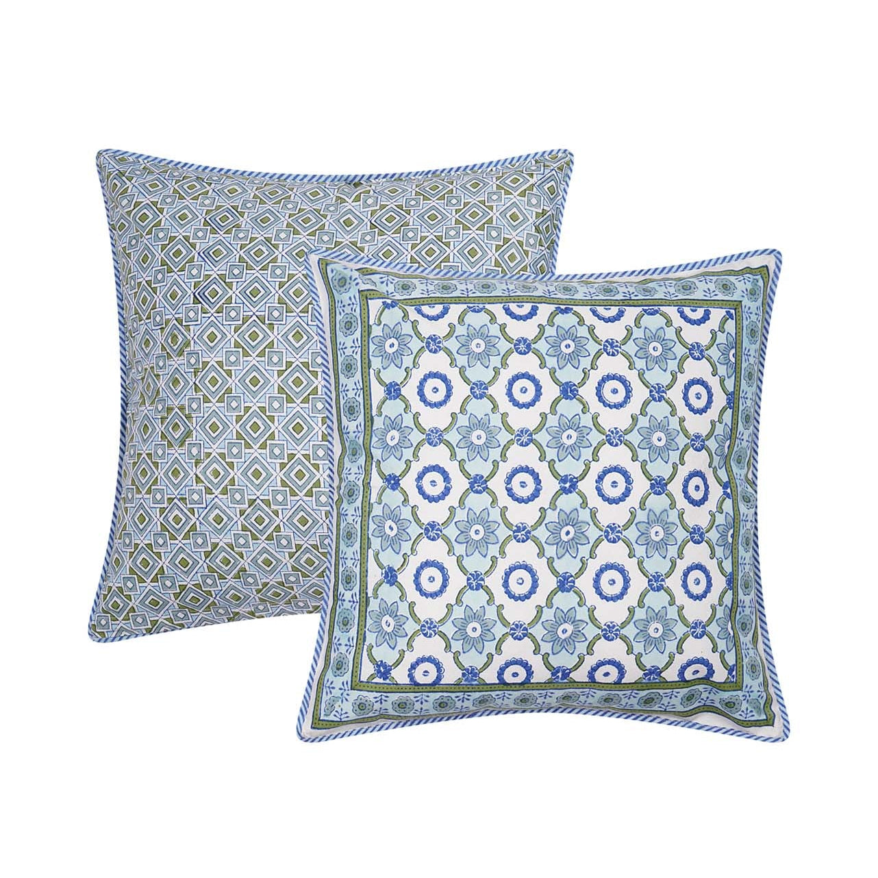Square block printed Bela Cushion Cover in geometric blues and greens