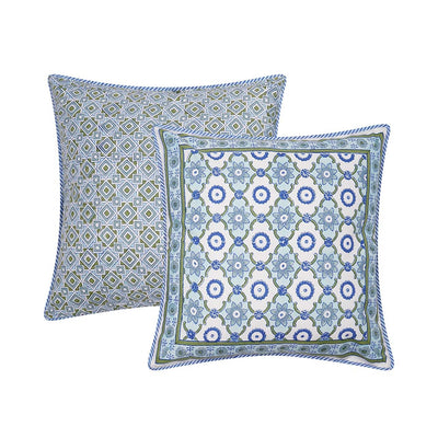 Square block printed Bela Cushion Cover in geometric blues and greens